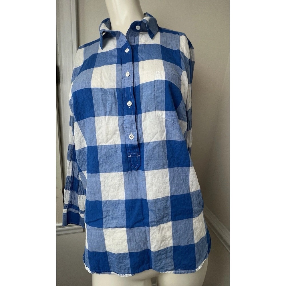J. Crew Buffalo Check Popover Cotton Roll Tab‎ Sleeve Shirt  Blue White Size 10
